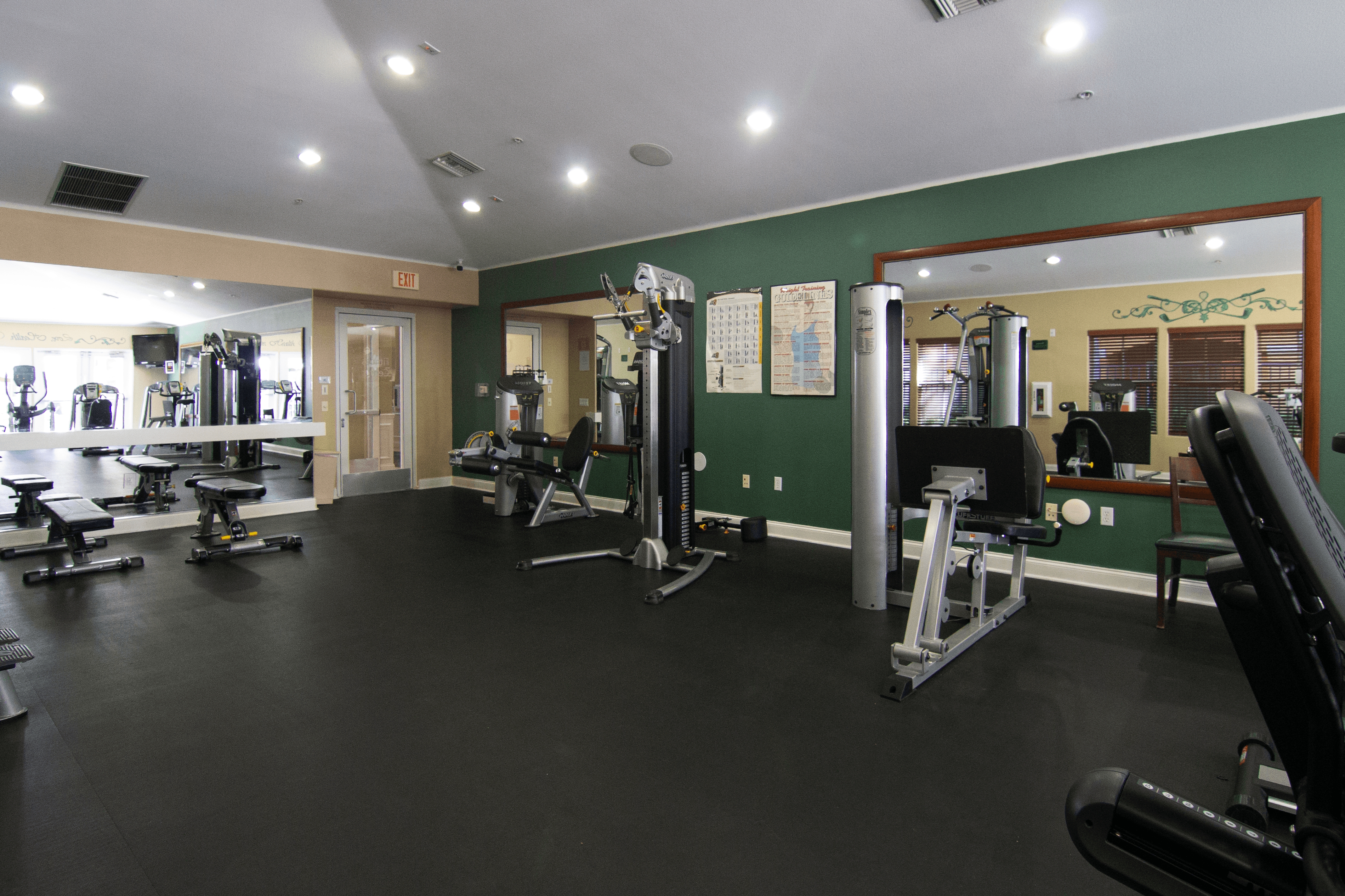 A gym with a variety of equipment including weights and cardio machines.,A gym with a variety of equipment including weights and cardio machines.