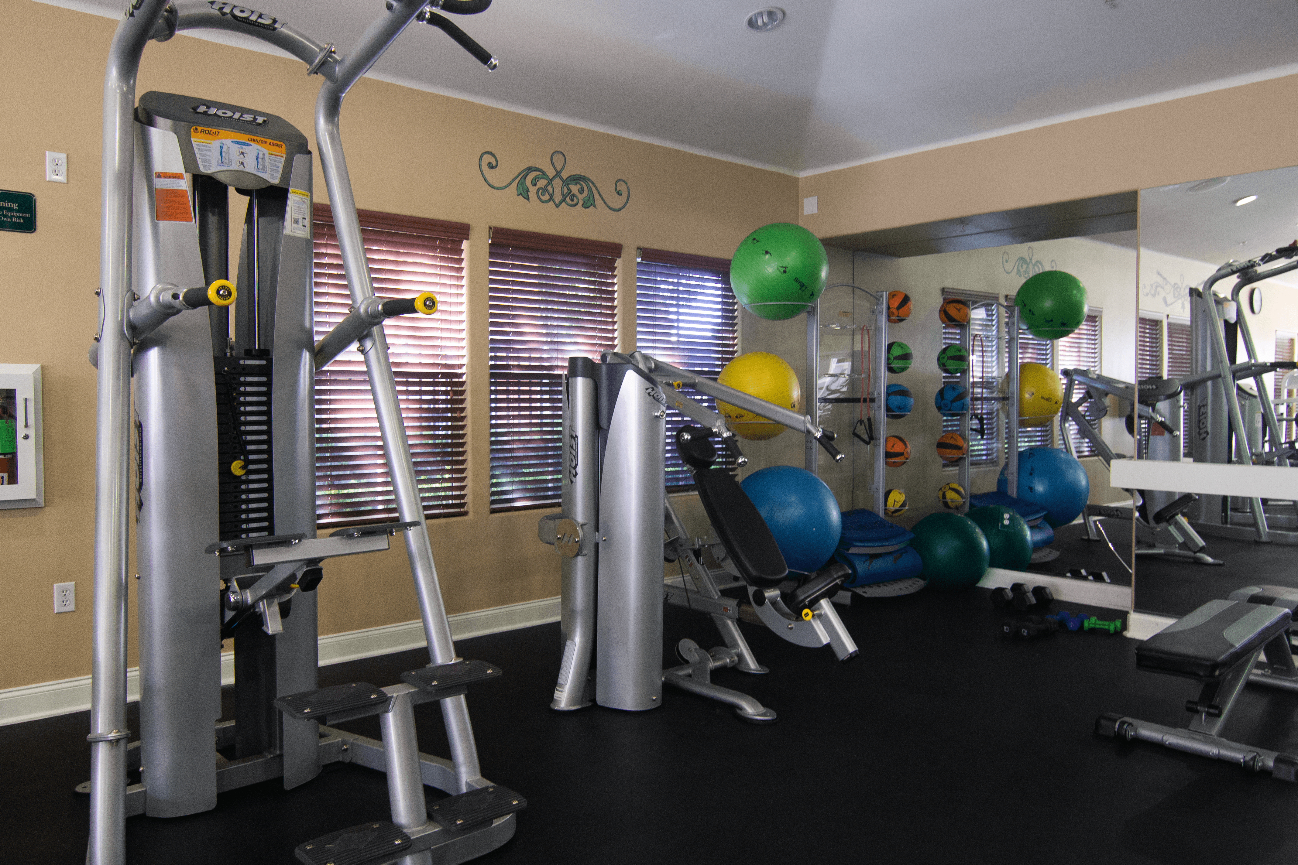 A gym with a variety of equipment including treadmills, weights, and exercise balls.,A gym with a variety of equipment including treadmills, weights, and exercise balls.