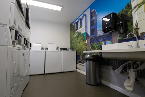 A wall mural of a street scene is displayed in a laundromat.
