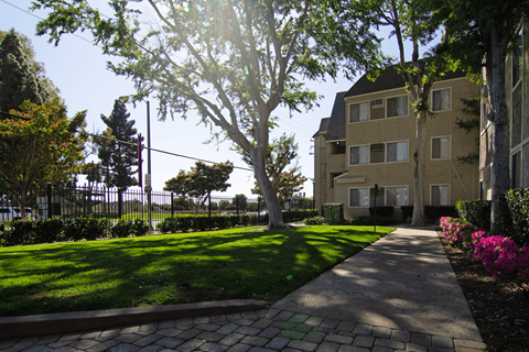 A sunny day in a residential area with a pathway and apartment buildings.