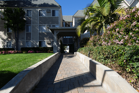 A pathway leads to a building entrance.