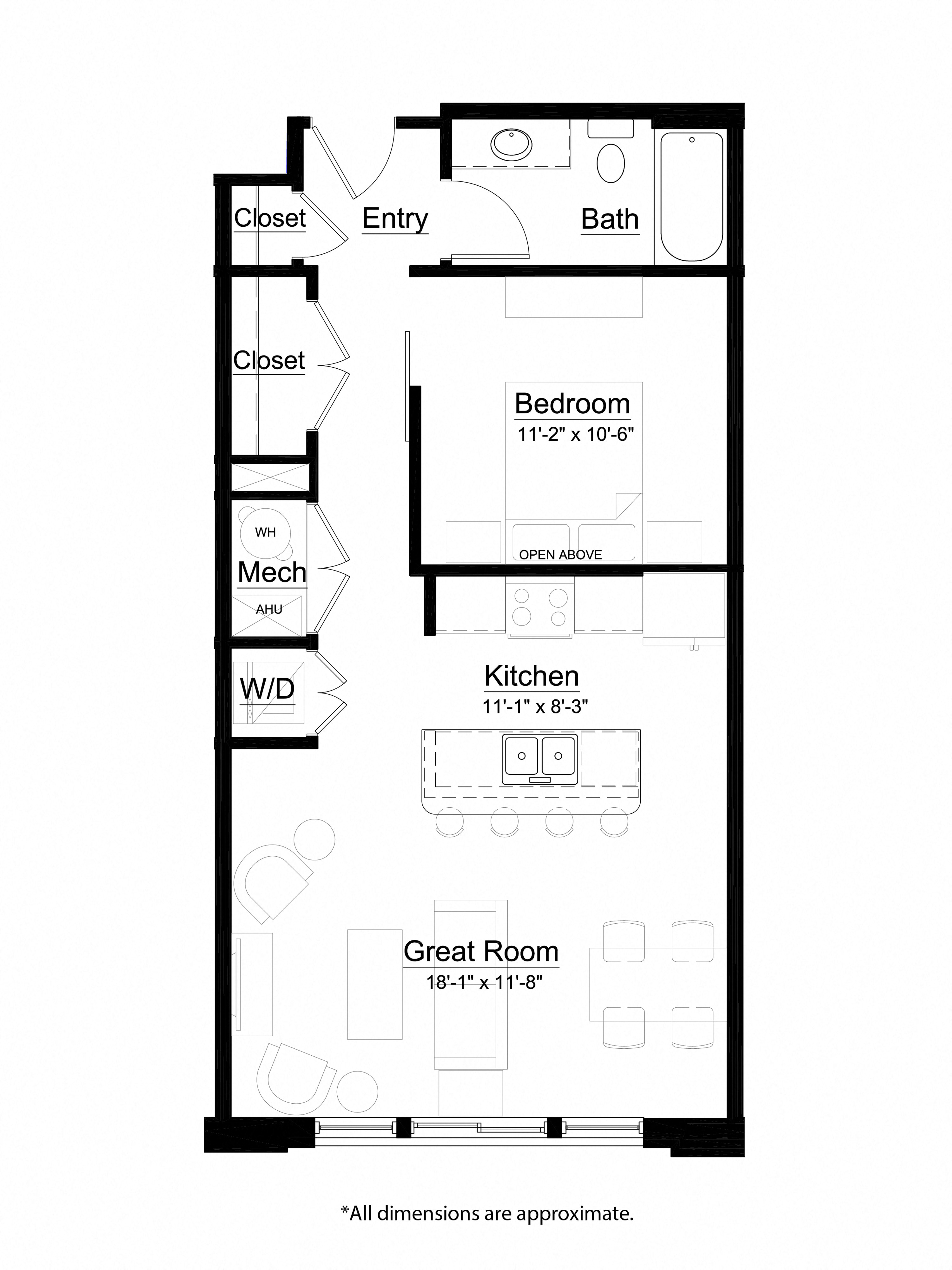 The Express one-bedroom, one-bath floor plan at Metro Crossing Apartments