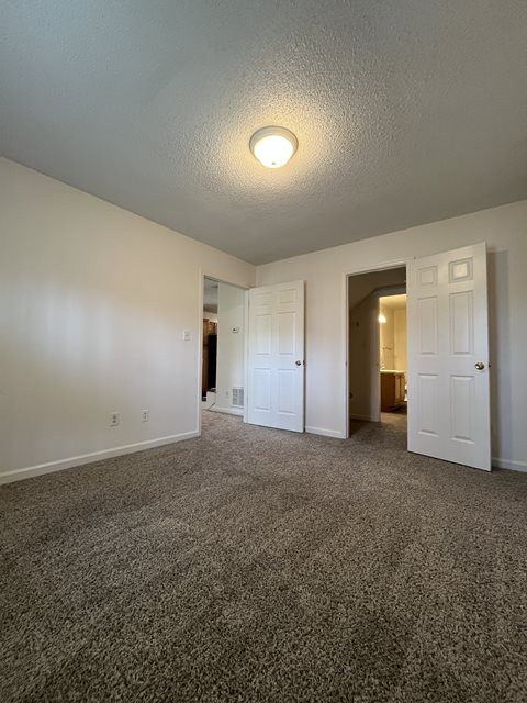 A room with a carpeted floor and a ceiling light.