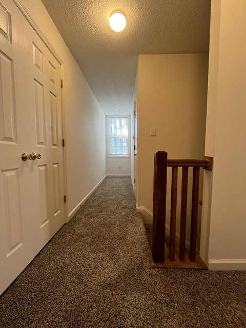 A hallway with a carpeted floor and a wooden gate at the end.