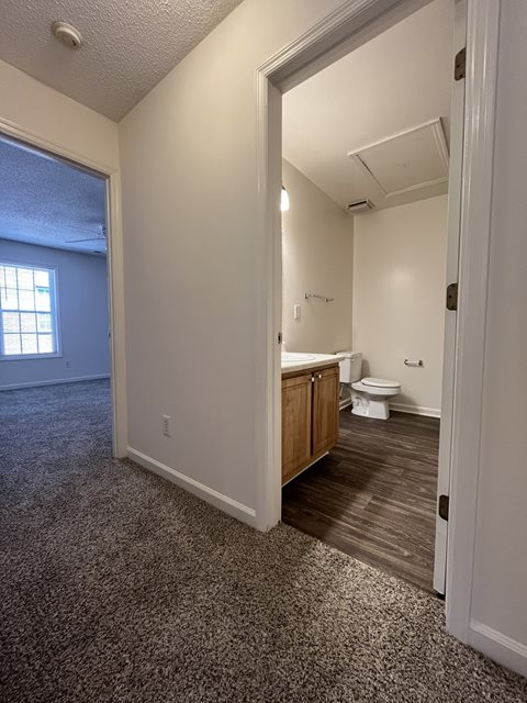 A room with a toilet and sink in it.