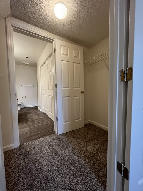 A hallway with a carpeted floor and white walls.