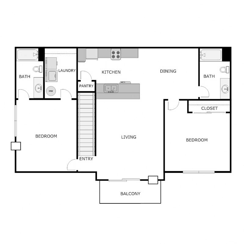 2 Bedroom 2 Bath Split