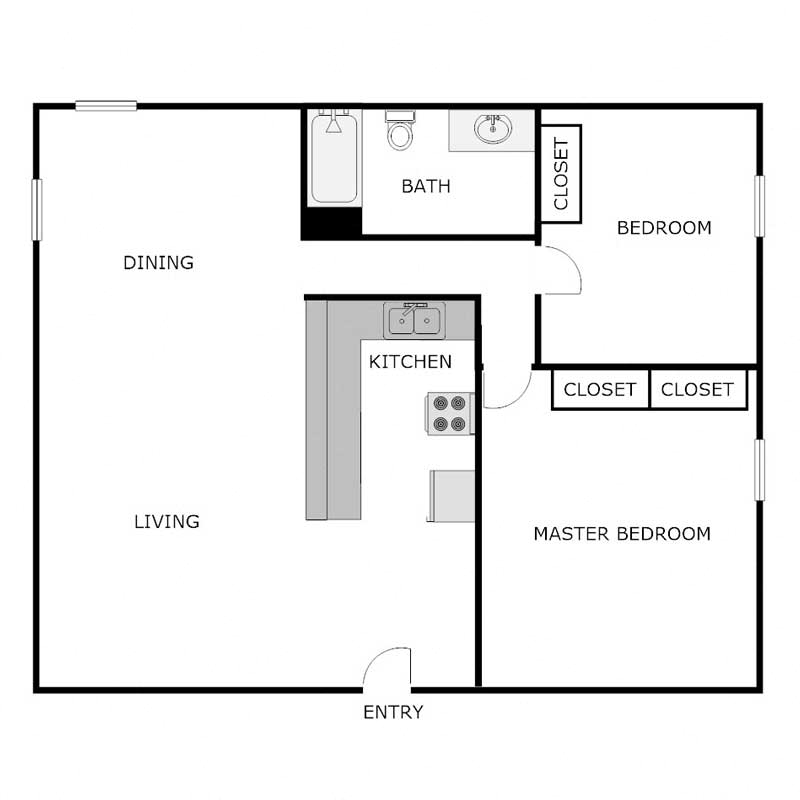 2 Bedroom 1 Bathroom  - 4 Plex