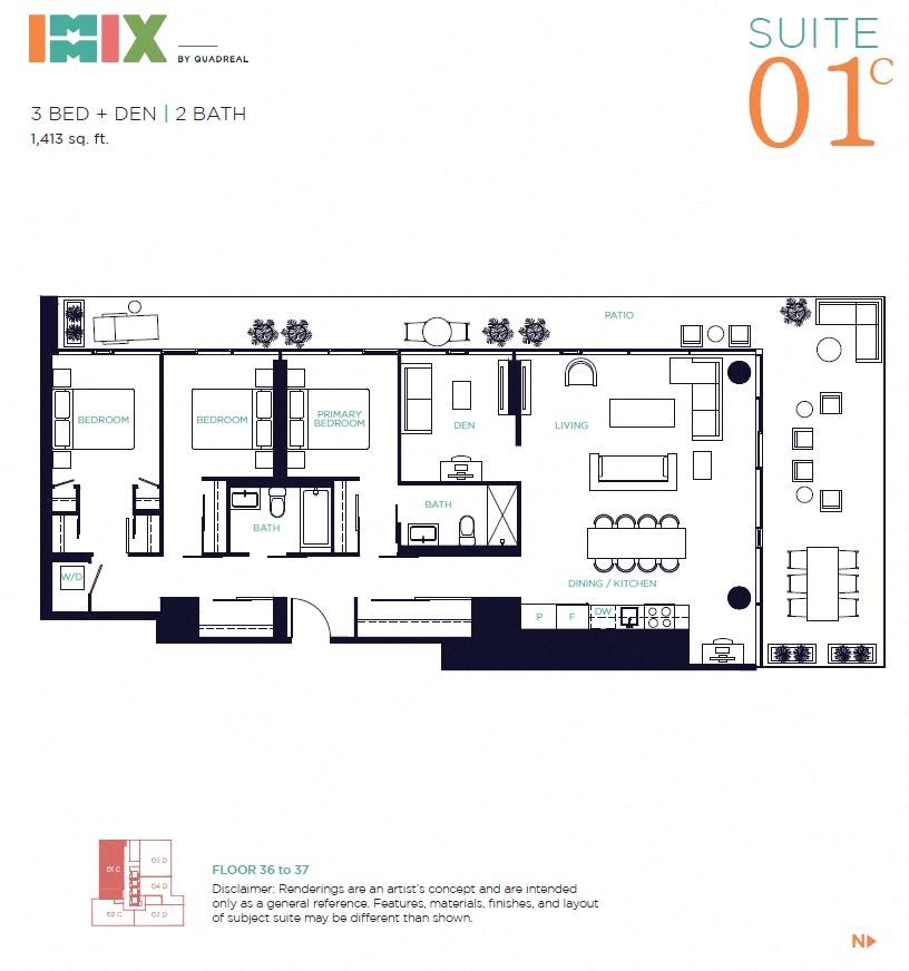 Floor plan layout diagram for 01C - 3 Bed + Den