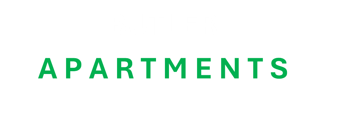 The image displays the words "BUTLER APARTMENTS" in green text on a dark background.