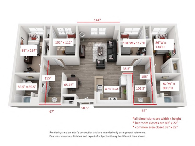 4 Bedroom 2 bath w/ dimensions
