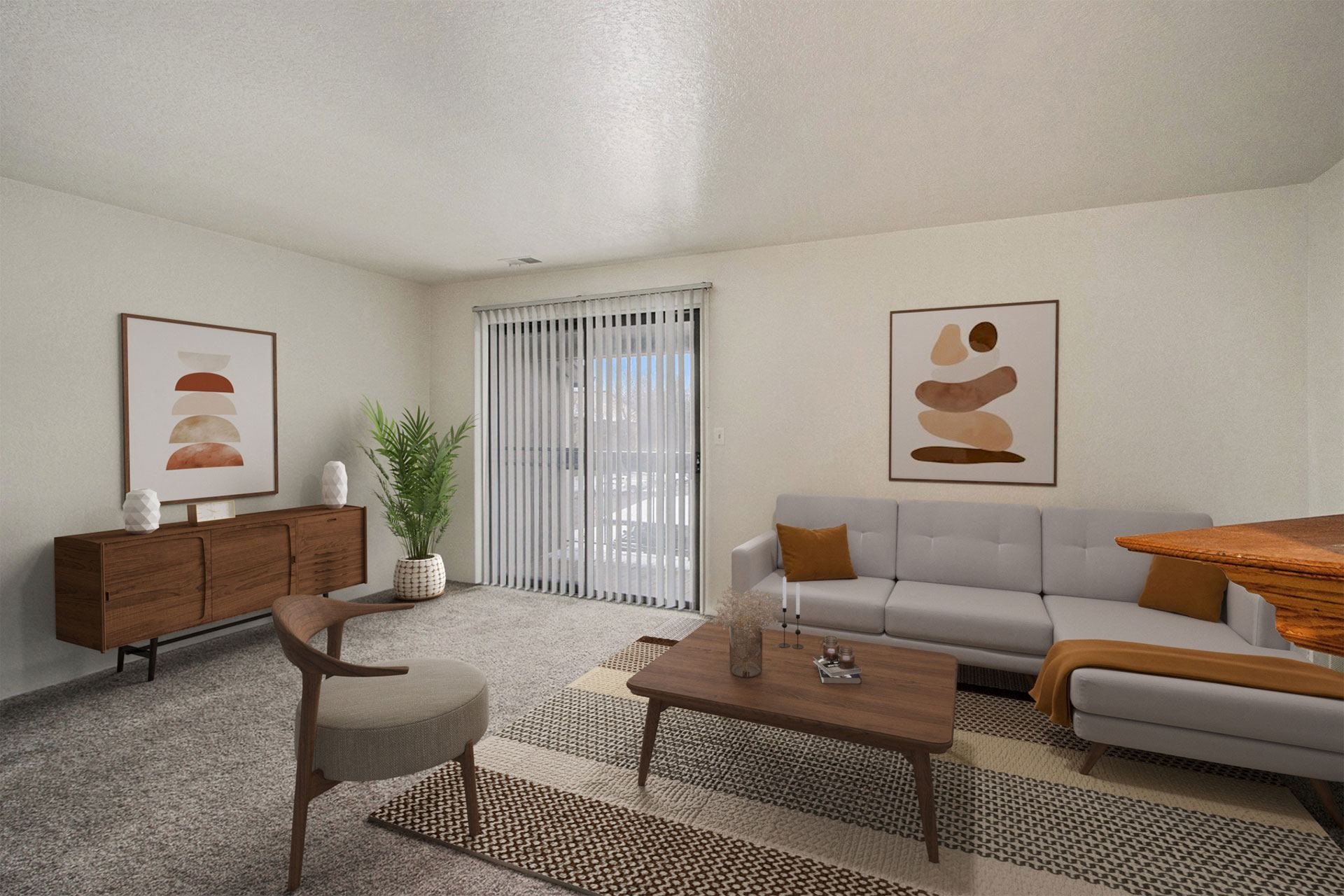 a living room with a couch and a table