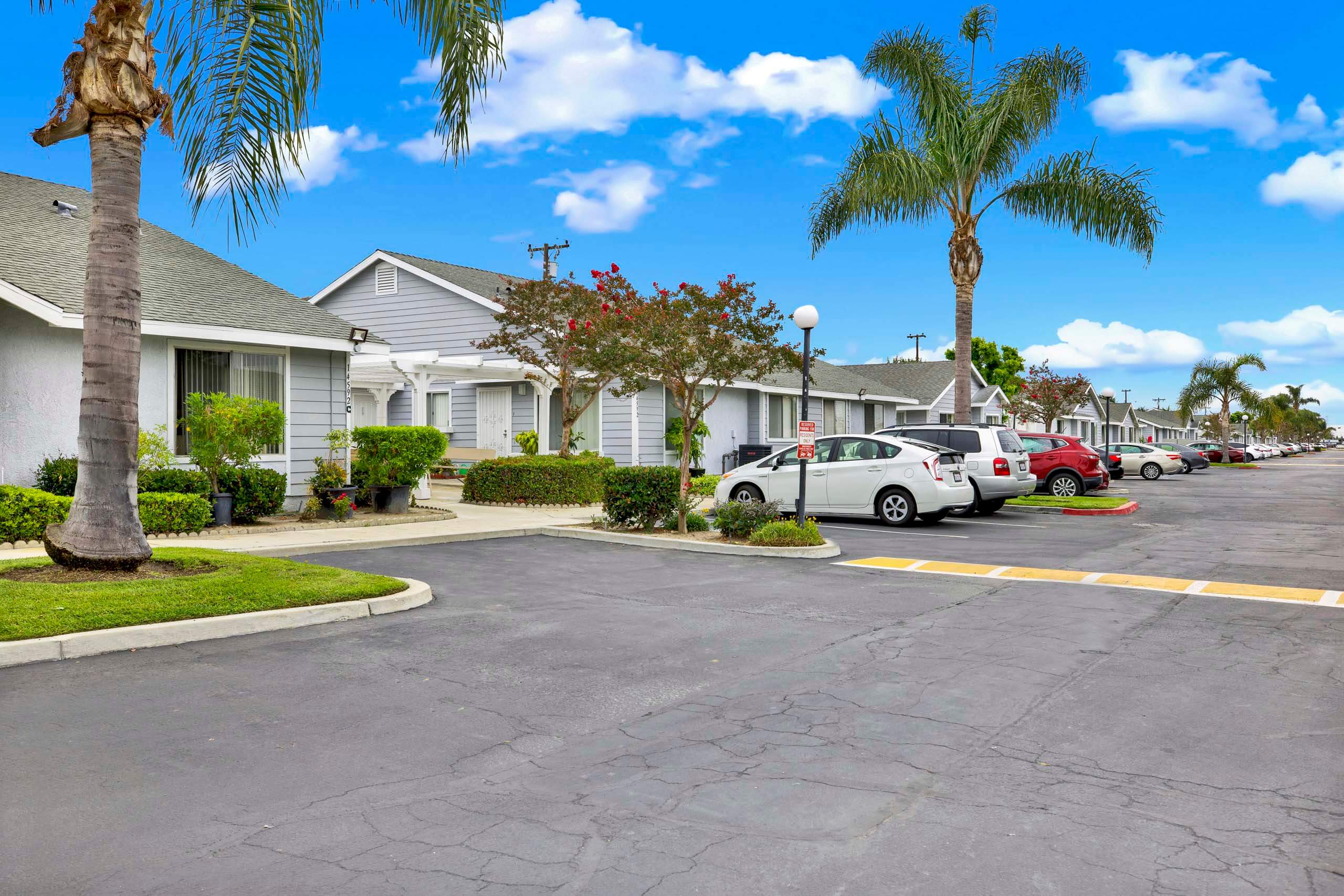 A street view of a residential area with houses and parked cars.