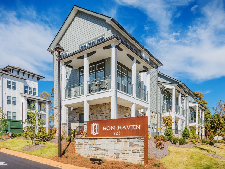 Main enterance sign to Bon Haven Apartments in Spartanburg, SC surrounded by beautiful landscaping