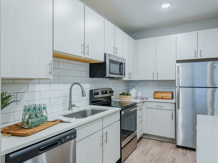Spartanburg apartment kitchen with stainless steel appliances and subway tile backsplash at Bon Haven