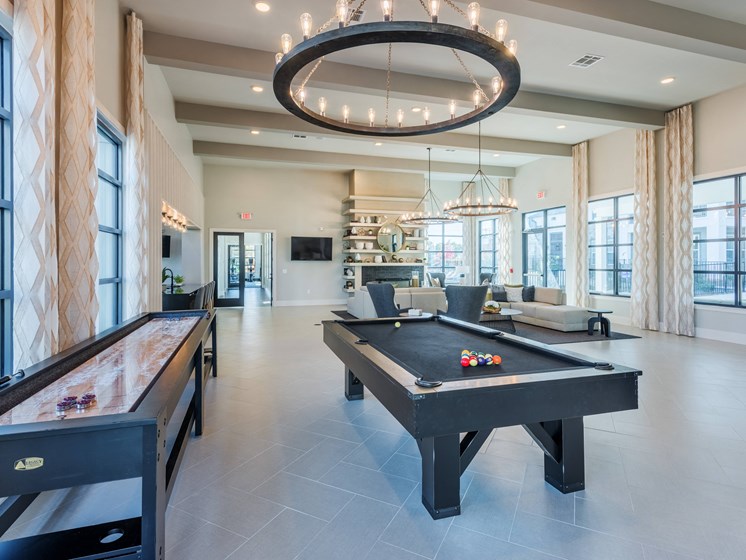 Apartment complex clubroom with billiards and gaming tables at Bon Haven in Spartanburg, SC