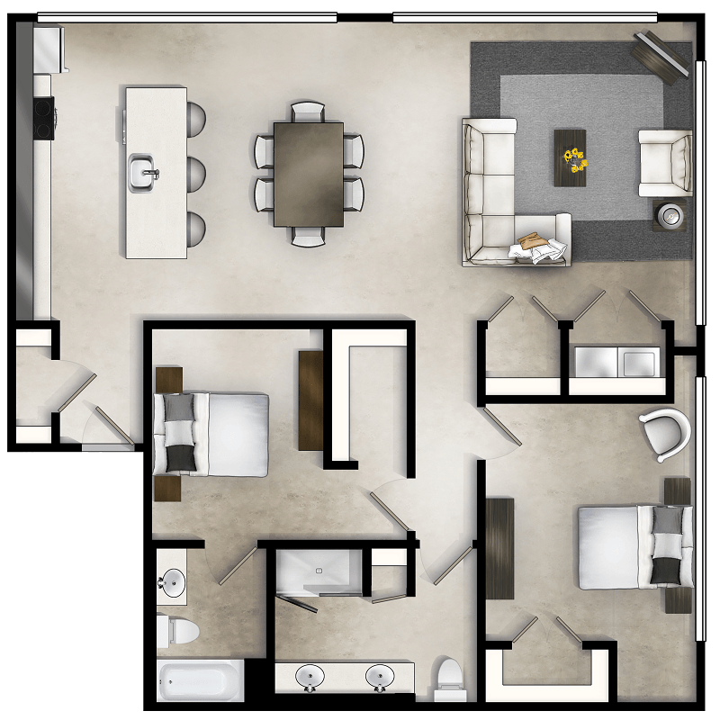 a floor plan of a two bedroom apartment with two bathrooms and a living room with a dining