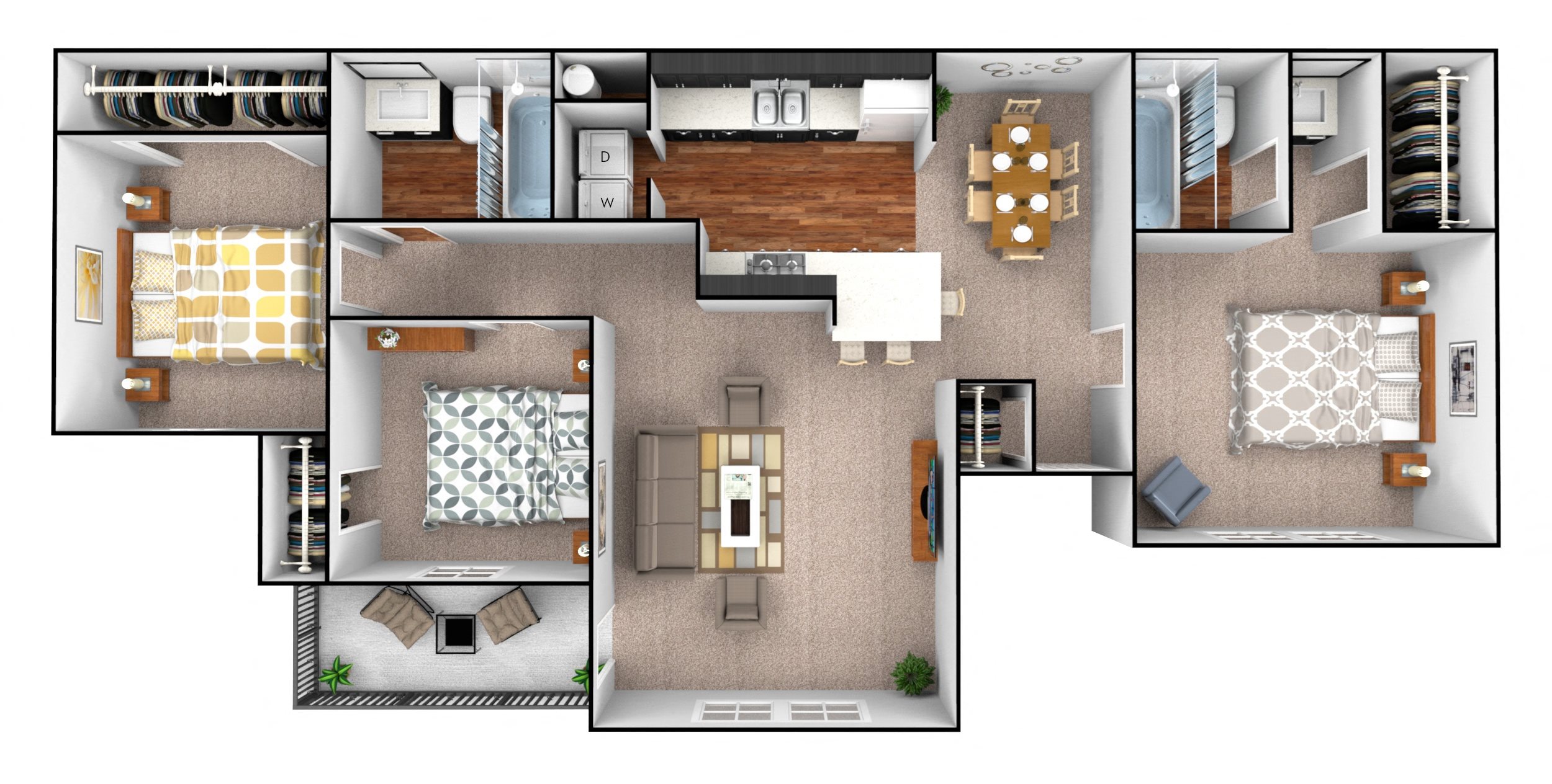 Three bed, two bath unit Three bed, two bath apartment
