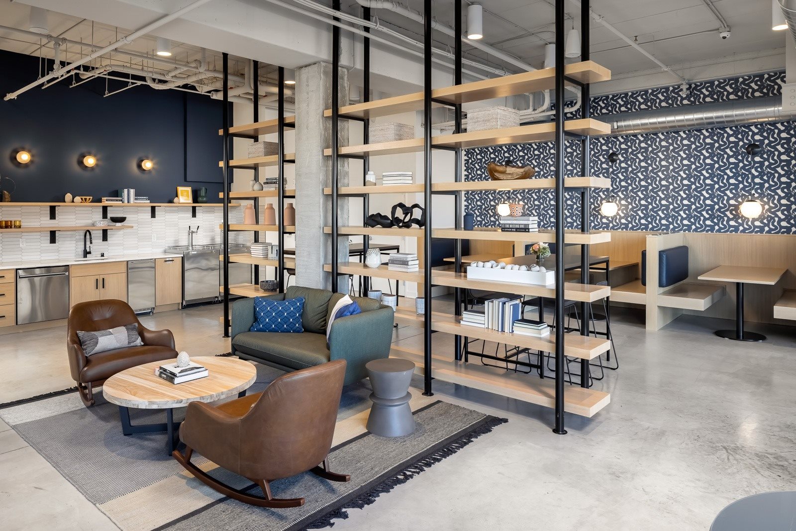 Social lobby with work from home seating and rotating taps