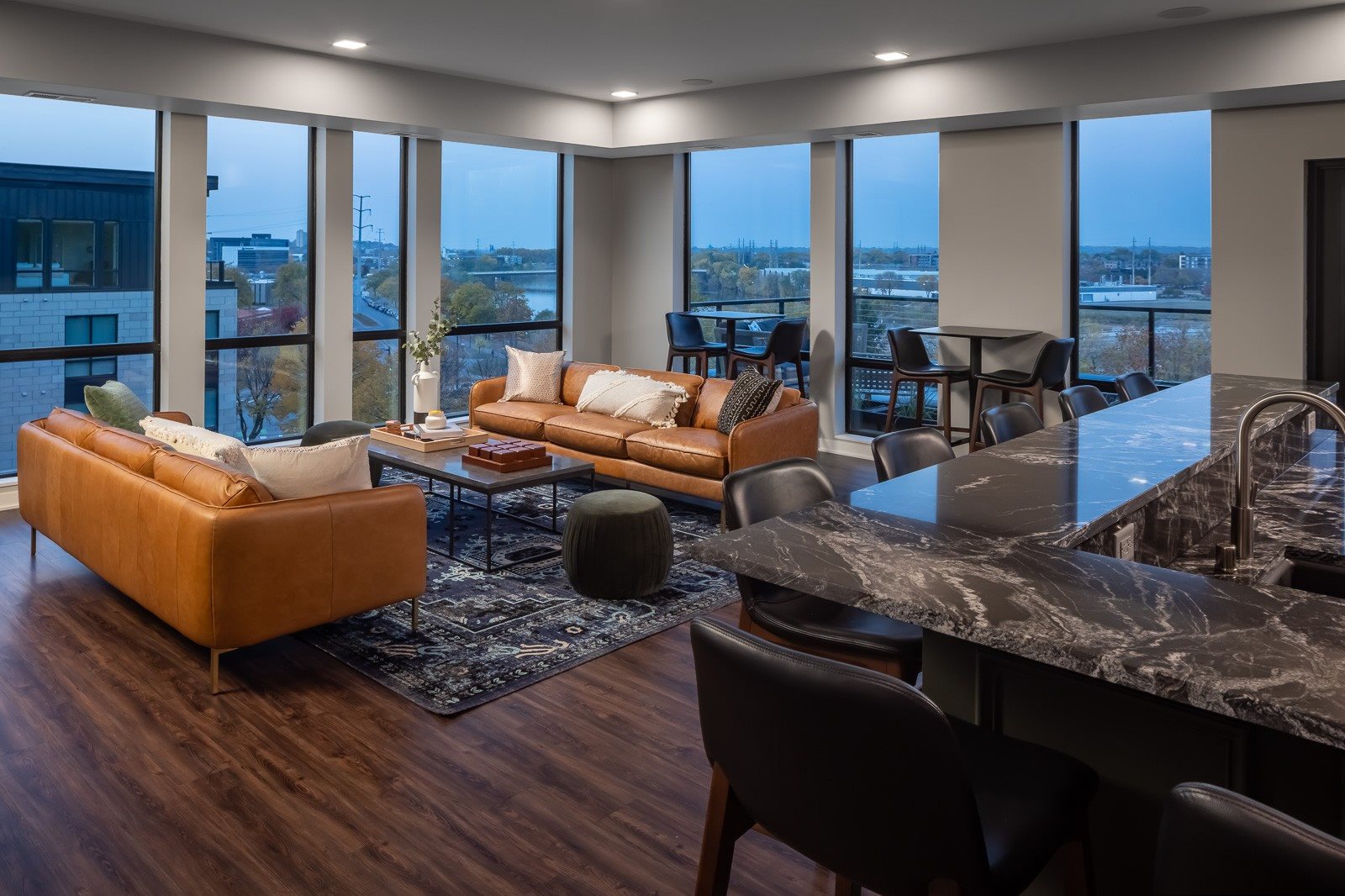 Rooftop Lounge overlooking Mississippi River in the evening