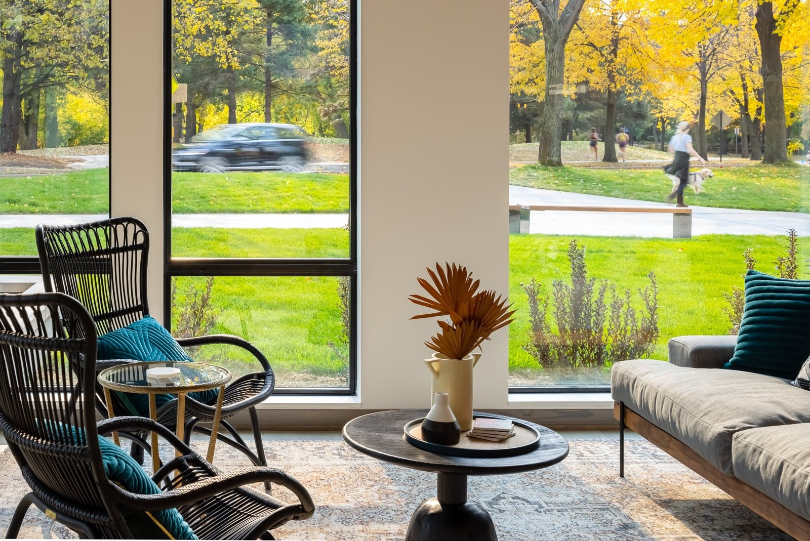 Clubroom seating overlooking lanscaping and west river parkway