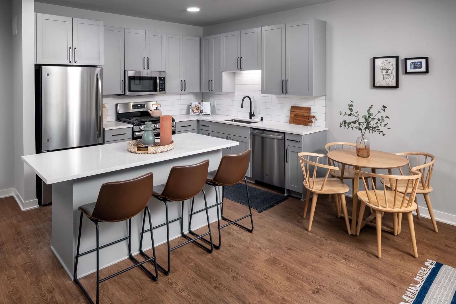 One bedroom apartment kitchen with stainless steel appliances