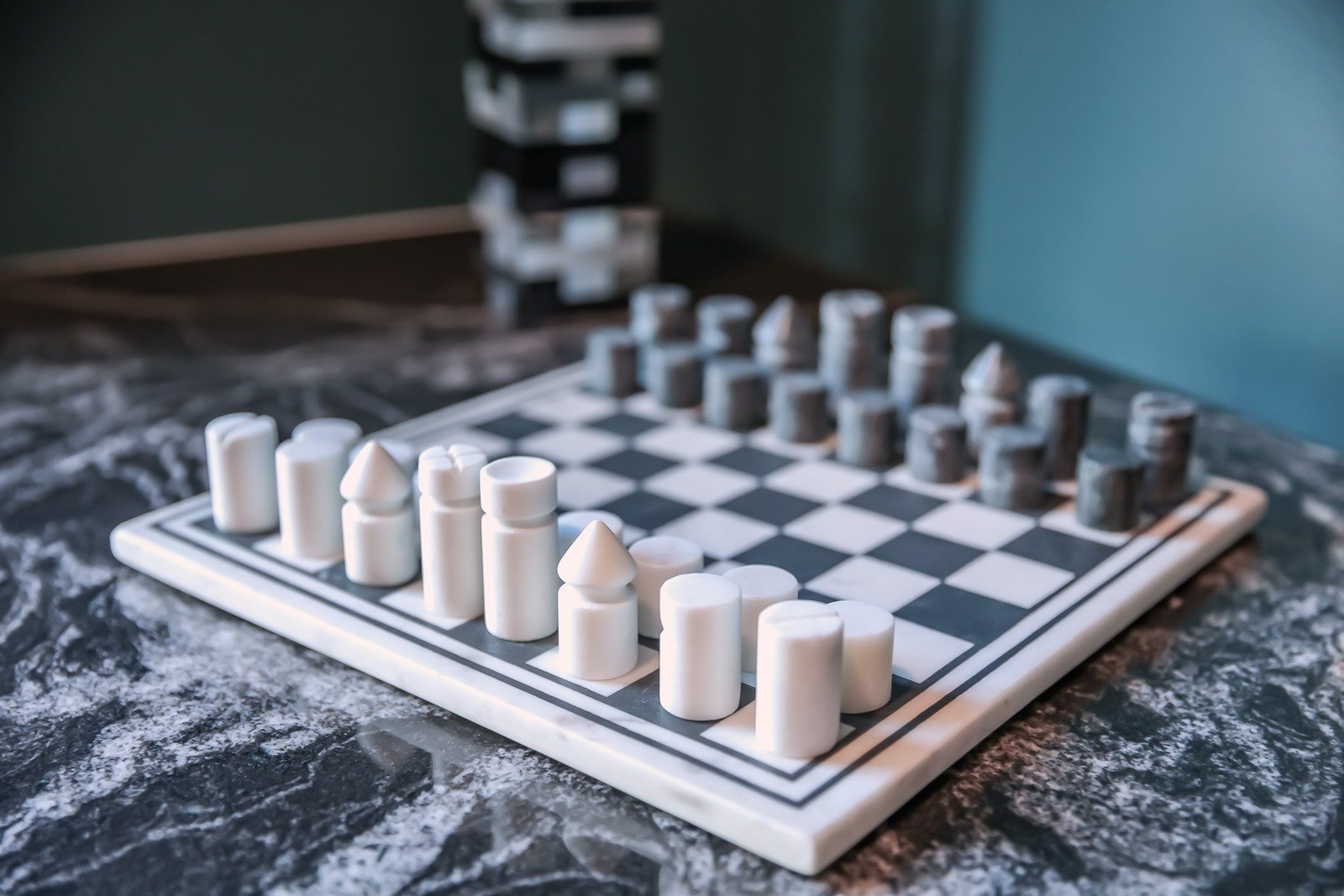 Marble chess board in rooftop lounge at Vesi apartments