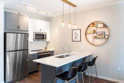 Kitchen with stainless steel appliances and pendant lighting - Harper