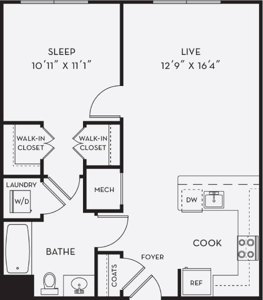 Floorplan for Apartment #1109, 1 bedroom unit at Halstead Salem Station