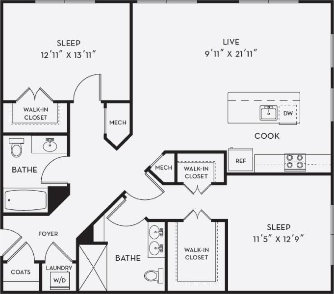 Floorplan for Apartment #1107, 2 bedroom unit at Halstead Salem Station