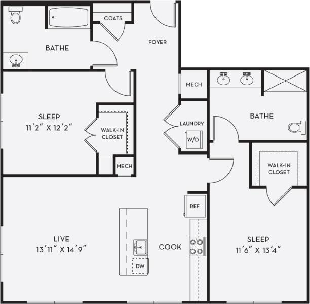 Floorplan for Apartment #1420, 2 bedroom unit at Halstead Salem Station