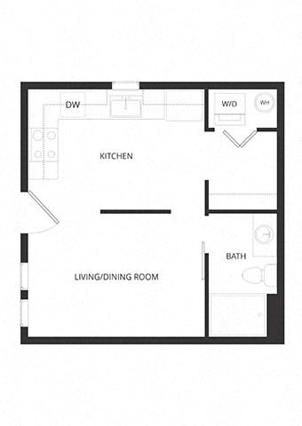 a small floor plan with a kitchen and a living room