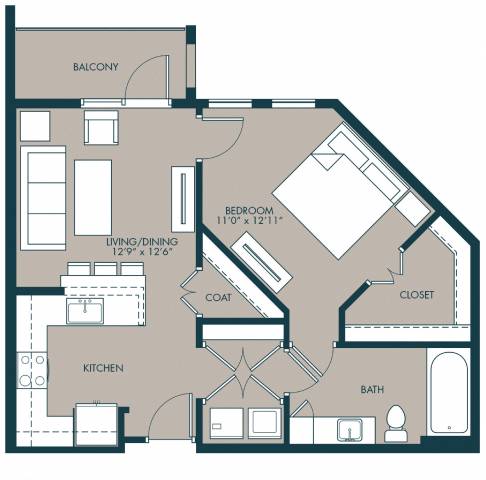 TheFawcett_OneBedroom floor plan