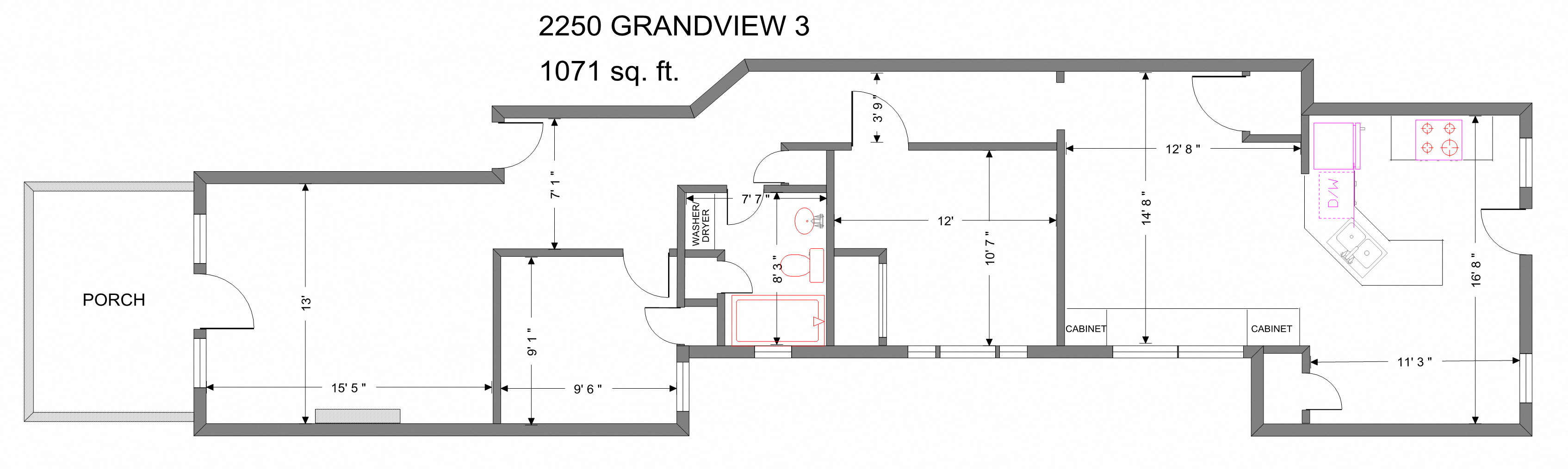 Floor plan layout diagram for Grandview 2250 2 Bedroom 1 Bath