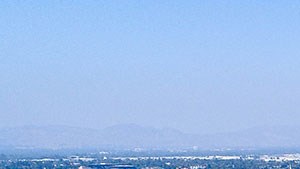 Aerial drone picture of the building looking out at the San Fernando Valley.