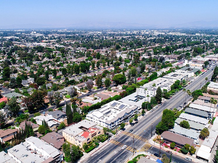 Aerial drone picture of the building looking out at the San Fernando Valley.