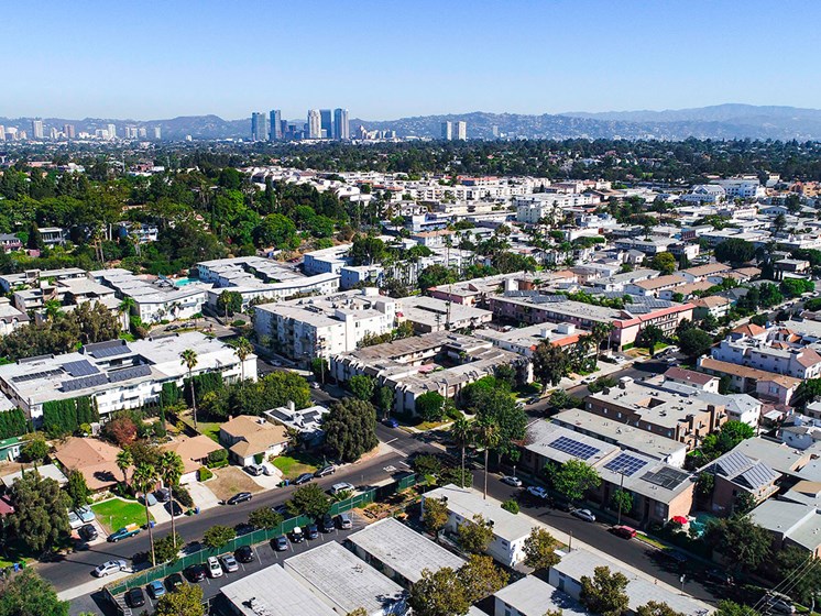 Aerial drone photo of the Palms neighborhood around The Glendon Building.