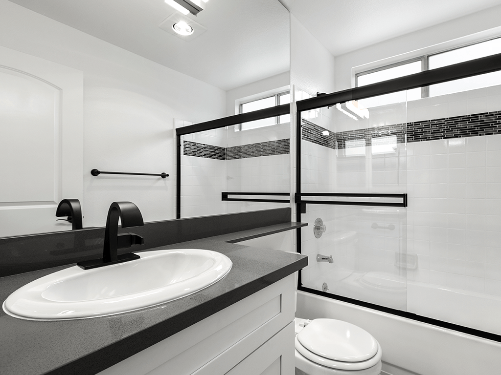 Modern styled bathroom with shower and tub.
