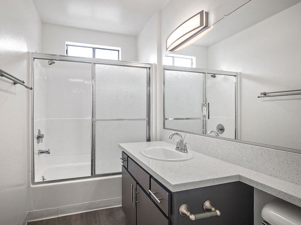 Modern styled bathroom with shower and tub.