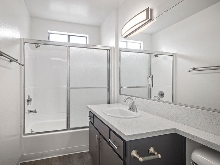 Modern styled bathroom with shower and tub.