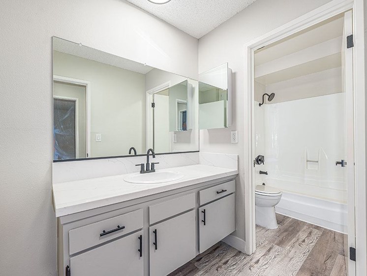 Modern styled bathroom vanity with view to full bathroom.