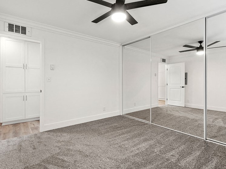 Carpeted bedroom with ceiling fan and very large closets.