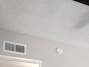 Carpeted bedroom with ceiling fan and private bathroom.