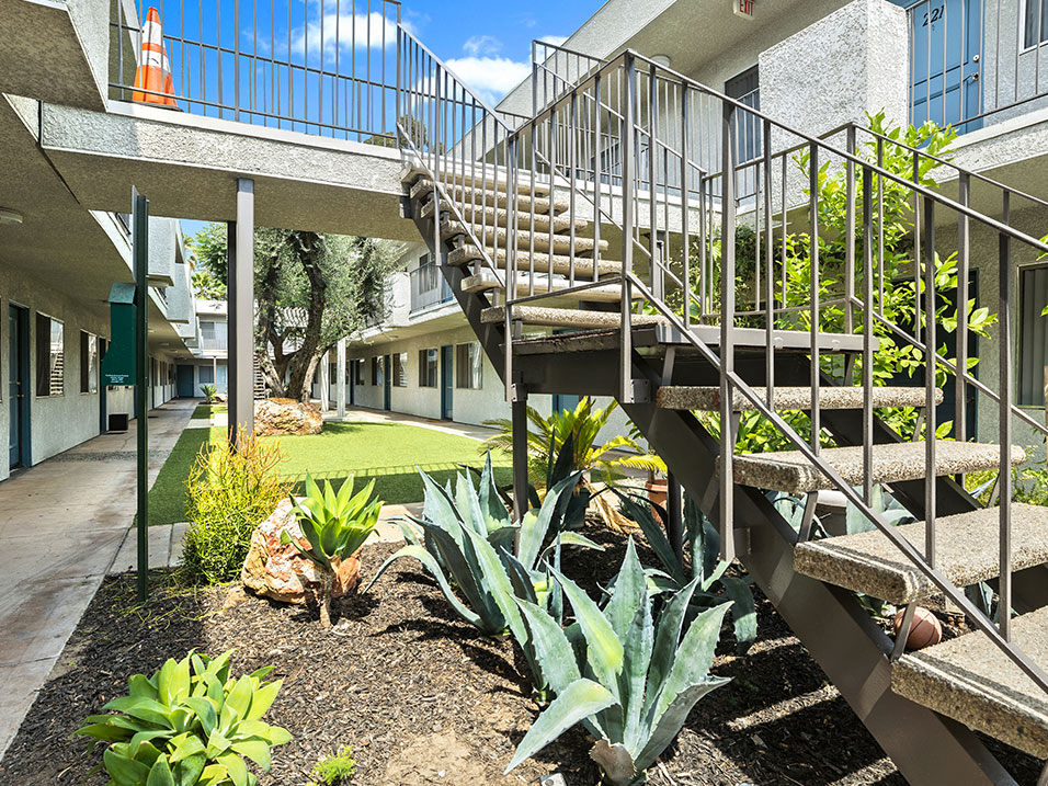 Drought-resistant landscaping in the courtyard.
