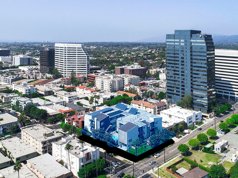 Aerial drone image of 1249 South Bundy at Bundy and Wilshire.
