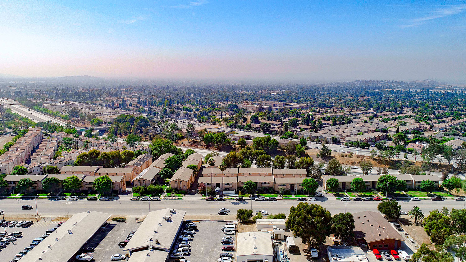 Aerial drone view of Olive View Gardens and the surrounding San Fernando Valley.