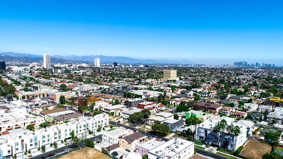 Aerial drone shot of the building and Pico Fairfax neighborhood.