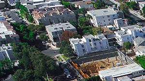 Overhead drone image of building located in Palms, CA just a few blocks away from Venice Blvd and Sony Pictures Studio.