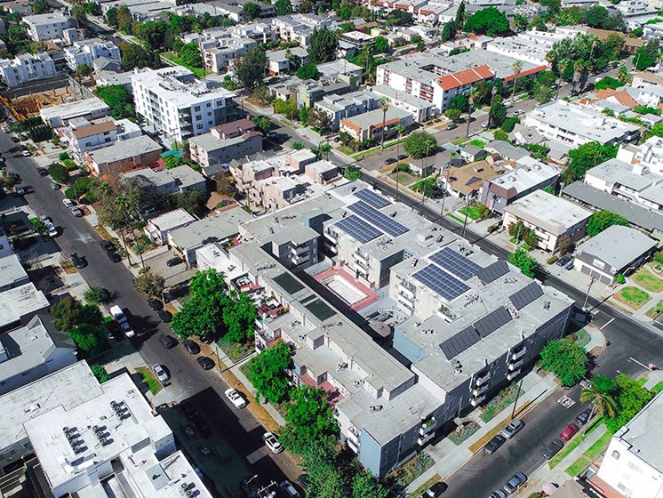 Overhead drone image of building located in Palms, CA just a few blocks away from Venice Blvd and Sony Pictures Studio.