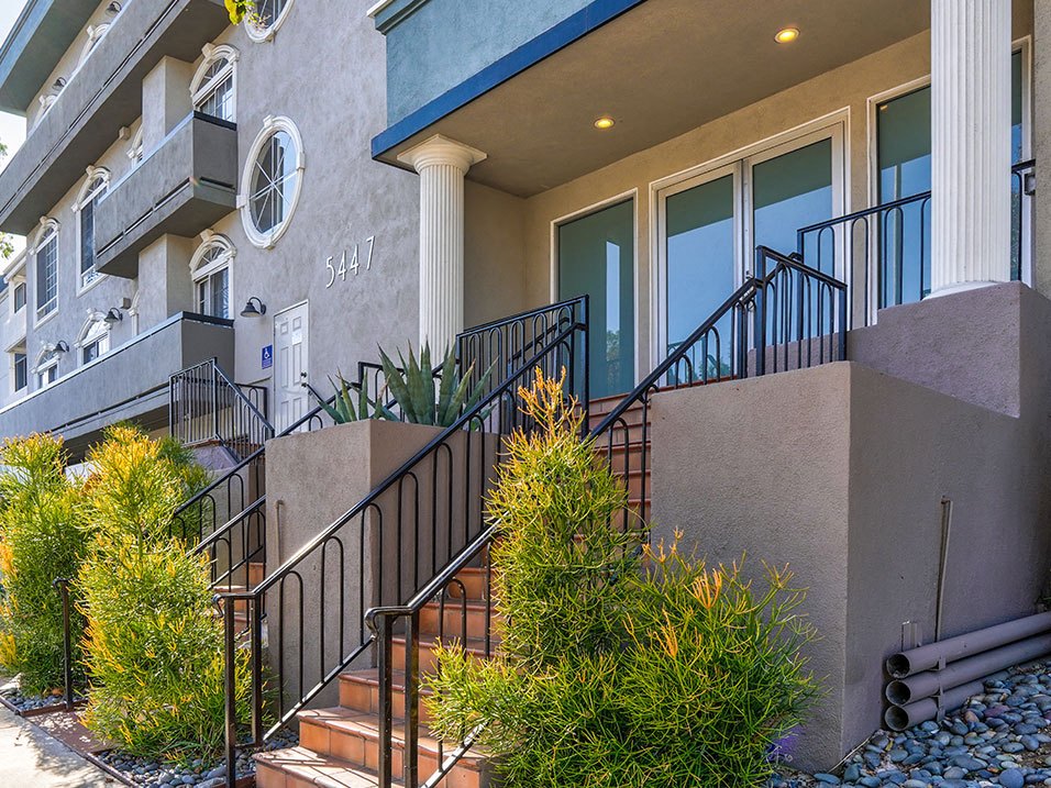 Entrance to Chateau Encino including drought tolerant landscaping.